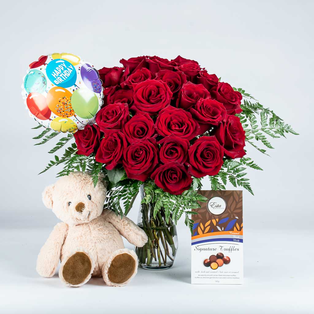 24 Birthday Roses With Bear And Truffles