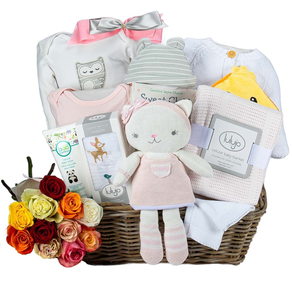Luxury Baby Girl with Cat Plush and Flowers