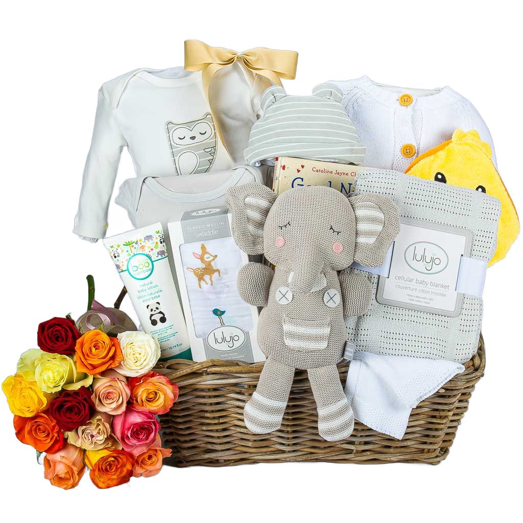 Luxury Neutral Gender Baby Gift With Flowers