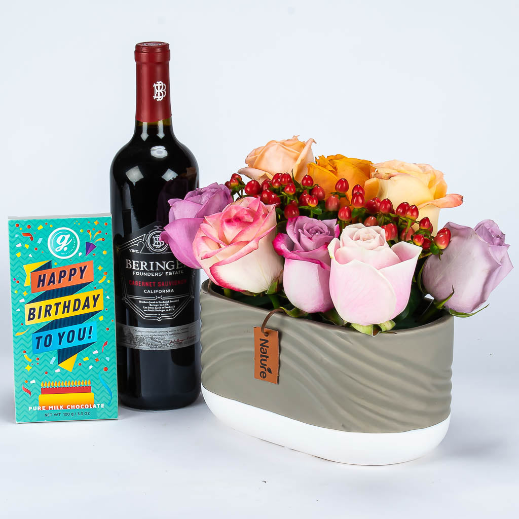 Birthday Rose Centerpiece with Premium Wine and Chocolates