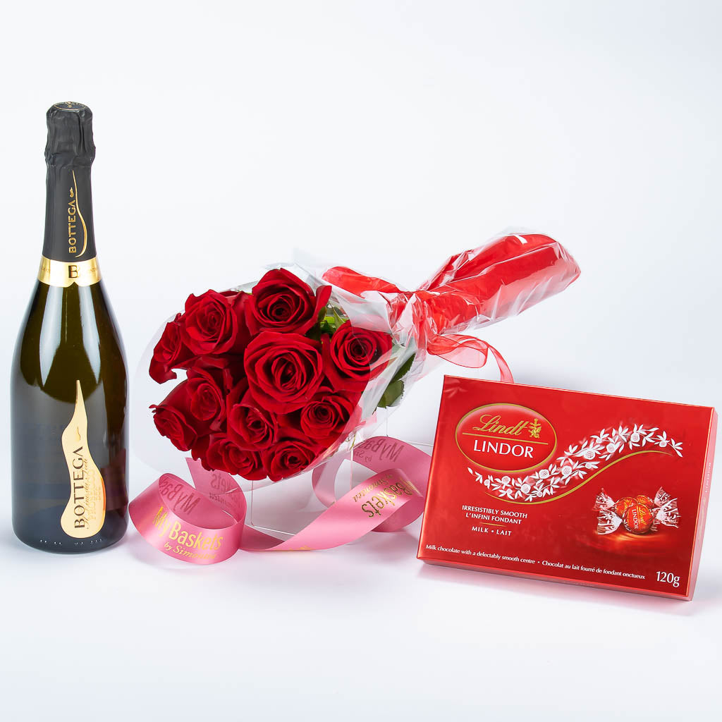 Birthday Sparkling Wine with Roses and Lindt chocolates