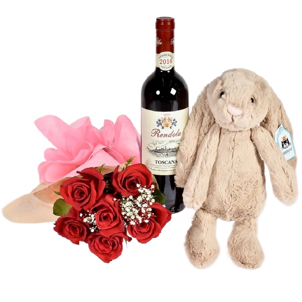 Birthday Roses and Wine with Plush