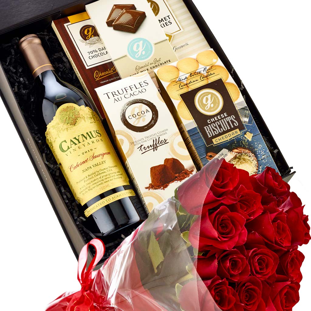 Caymus Cabernet Wine Gift Box and Rose Bouquet