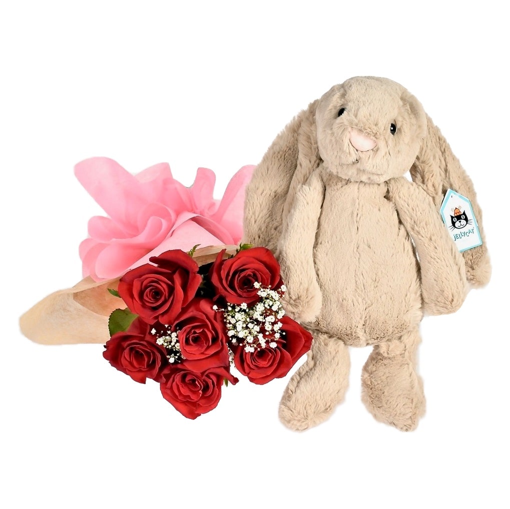 Red Roses With Plush Bunny