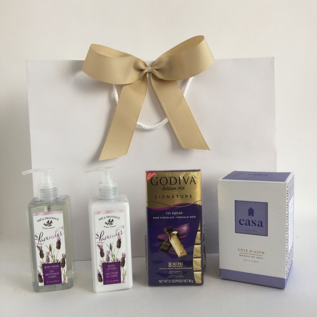 Spa gift with lotion, shower gel, chocolate and candle