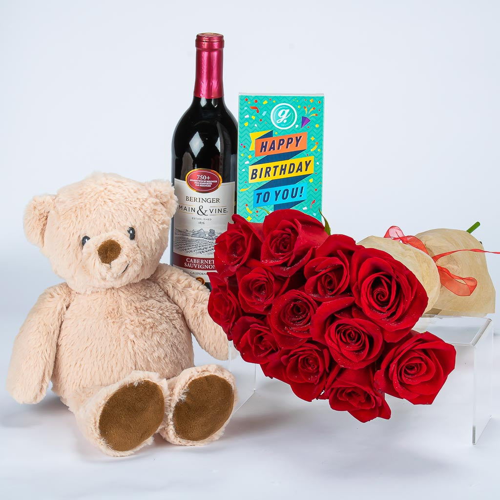 Birthday Teddy With Red Wine Chocolates and Dozen Red Roses