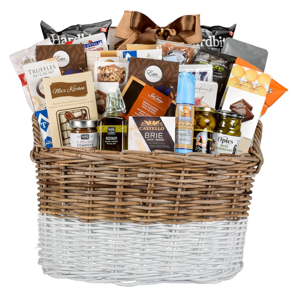 Wilow basket full of salmon, olive oil, salamy,chocolate, truffles for sharing with couples.