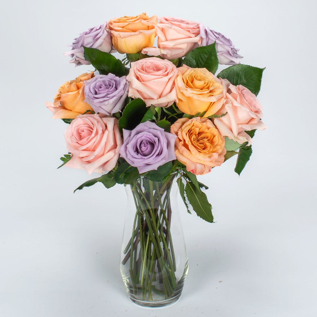 A Dozen Mixed Roses In Vase
