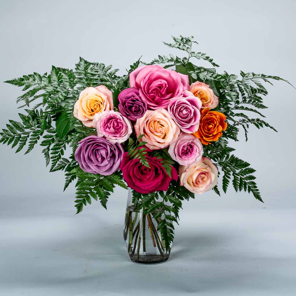 12 Mixed Roses  in A Vase