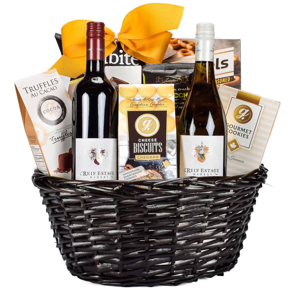 Canadian Reif Estate Cabernet And Chardonnay Wine With Cheddar Cookies, Chips, Pretzels, Truffles, And Shortbread Cookies in Brown Wicker Basket
