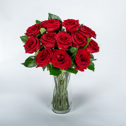 12 Red Roses In Glass Vase