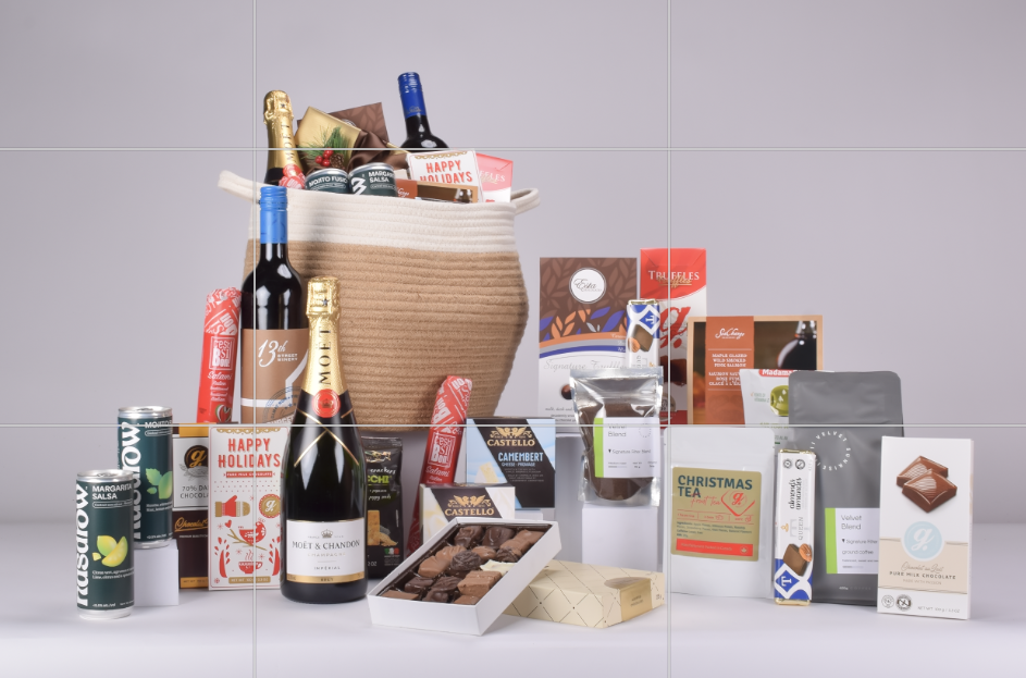 Coffee, Chocolate, Wine, Moet Champagne, Chocolate Truffles, Maple Smoked Salmon, Dark Chocolate, Crackers, Brie Cheese, Salami And Tea