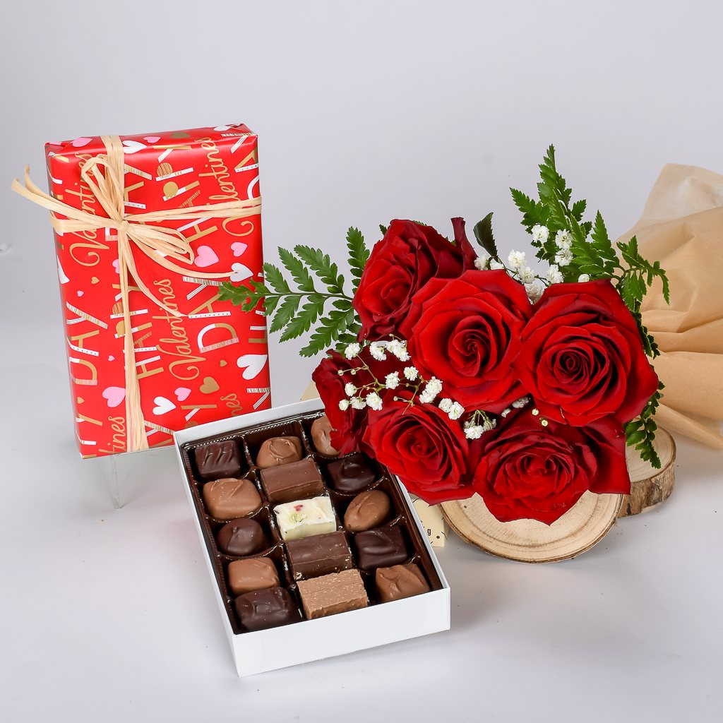 6 Red Roses With Valentine's Assorted Chocolate - MY BASKETS