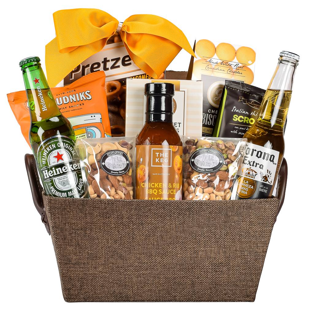 Import Beer With BBQ Sauce, Nuts, Pretzels, Cheddar In Gift Basket