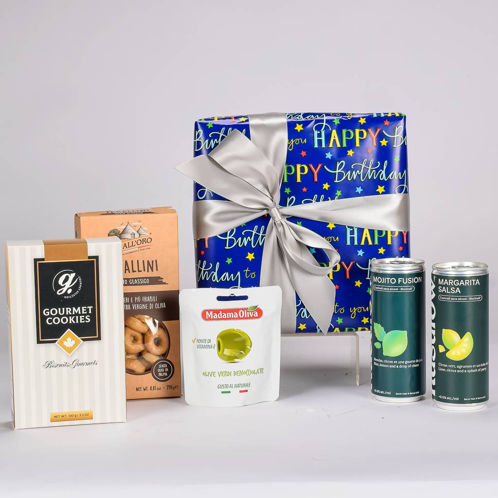 Happy Birthday Wrapped Gift Box With 2 Mocktails, Olives, Cookies, And Tarallini
