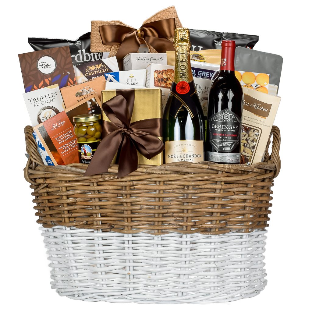 Large Luxury Two Tone Gift Basket With Premium French Champagne, Canadian Wine, Reids Chocolate Box, Maple Glzed Salmon, Ma's Kitchen Chocolate, Artisinal Crackers, Coffee, And Tea