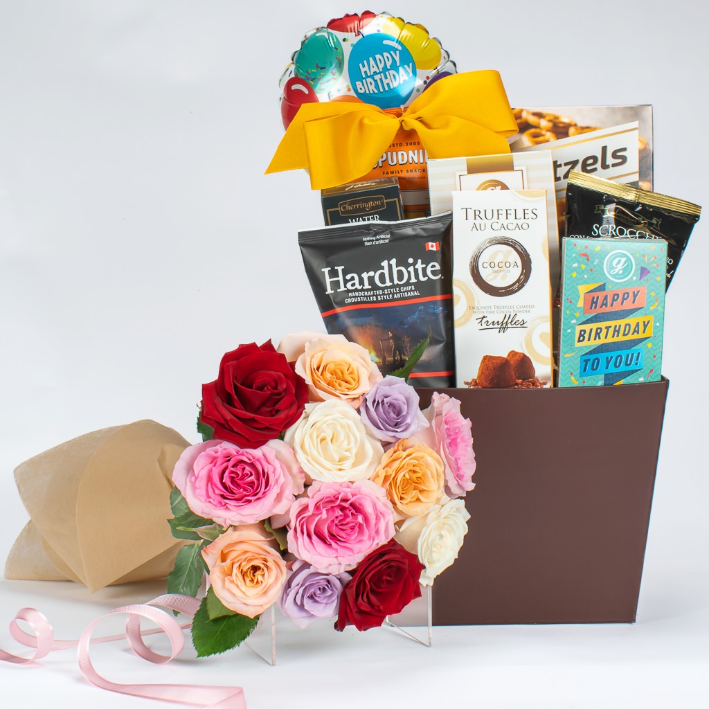 Birthday gift basket with truffles, crackers and cookies with 12 mixed roses bouquet