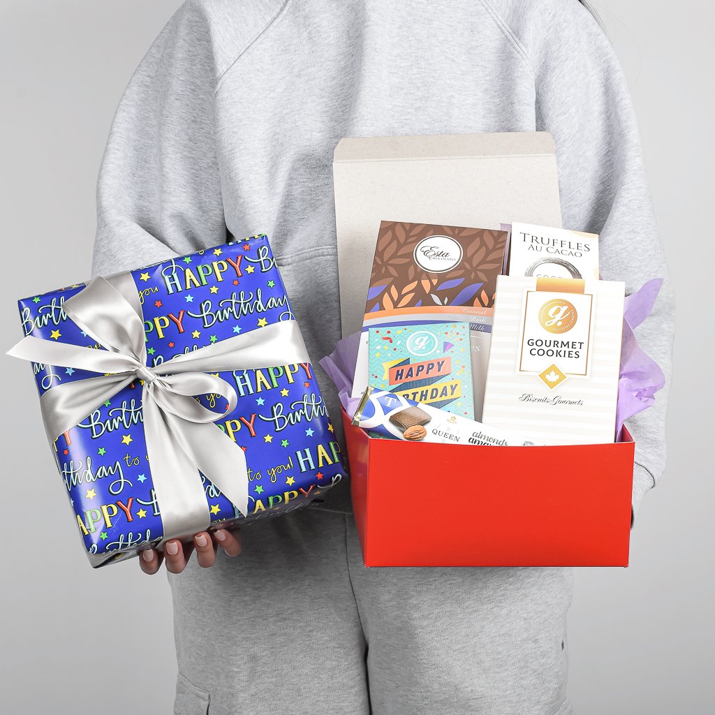 Happy Birthday Wrapped Red Box With Cookies, Truffles, And a Happy Birthday Milk Chocolate Bar
