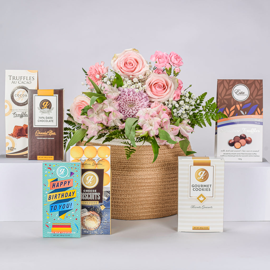 Birthday Milk Chocolate, Cookies, Assorted Truffles, And Cheddar Biscuits In A Jute Bag With Pink Arrangement 