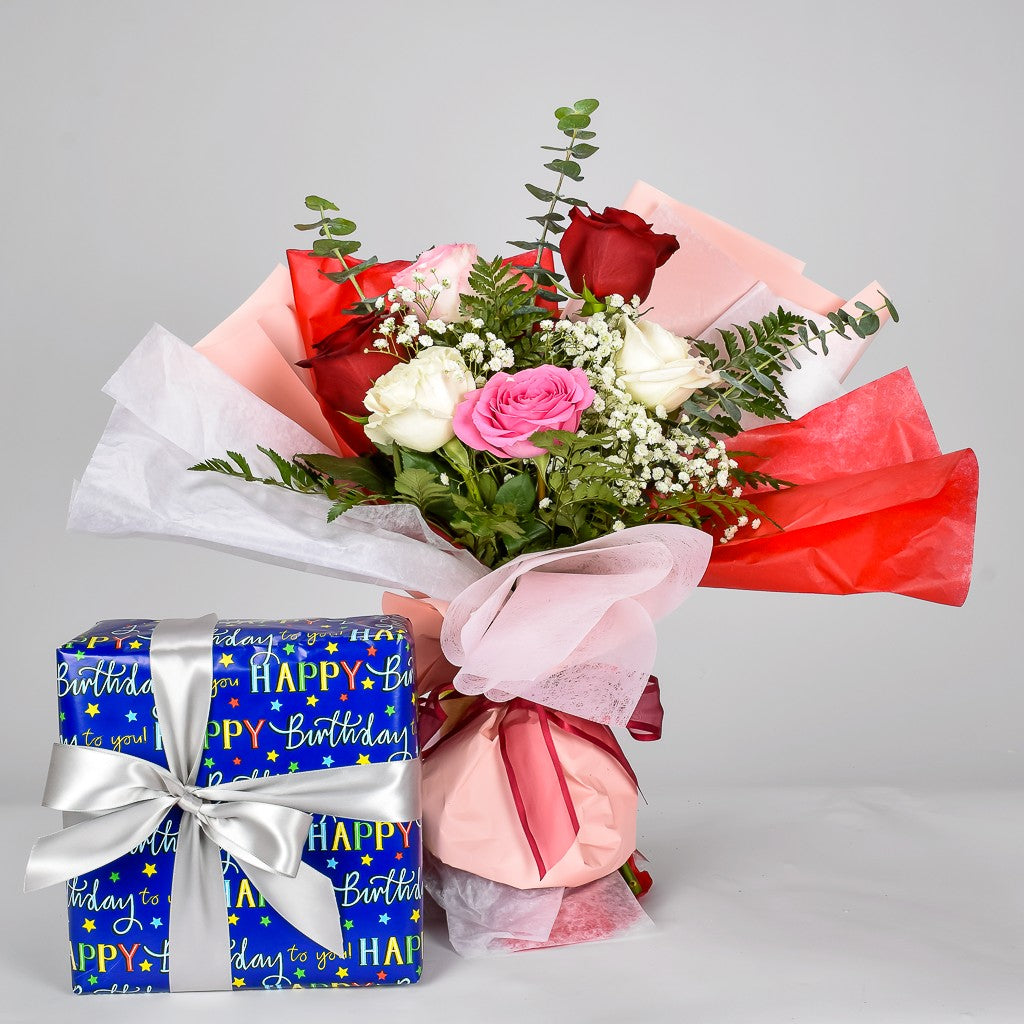 Wrapped Birthday Gift Box With Roses