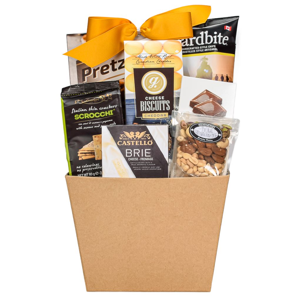 Light Brown Basket With Chips, Pretzels, Crackers, Cheddar, Milk Chocolate, Brie And Nuts