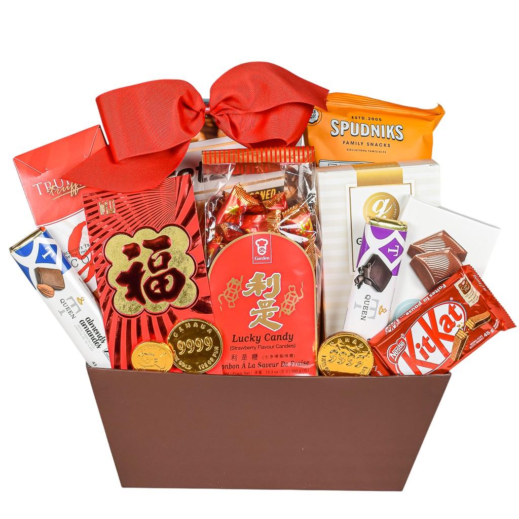 Lunar New Year Basket With Re dLucky Envelope, Lucky Candy, Chocolate Coins, Cookies, Popcorn And Pretzels