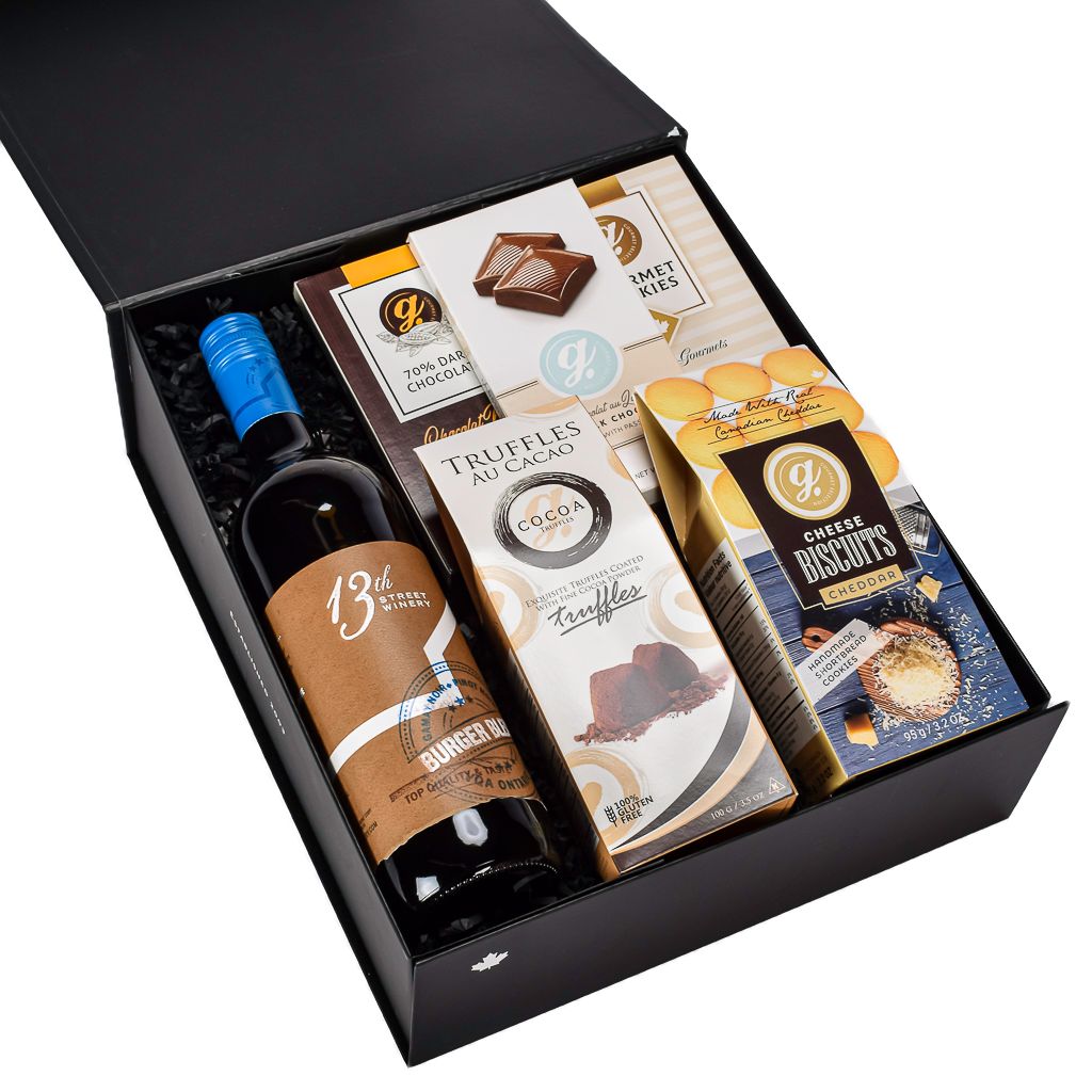 Red Canadian Wine WIth Chocolate, Cookies, Cheddar Cookies, Dark Chocolate, And Milk Chocolate In Black Gift Box