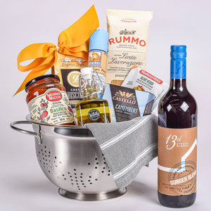 Silver Colander For Pasta, Tomato and Basil Sauve, Olive Oil, Cheese And Canadian VQA Wine