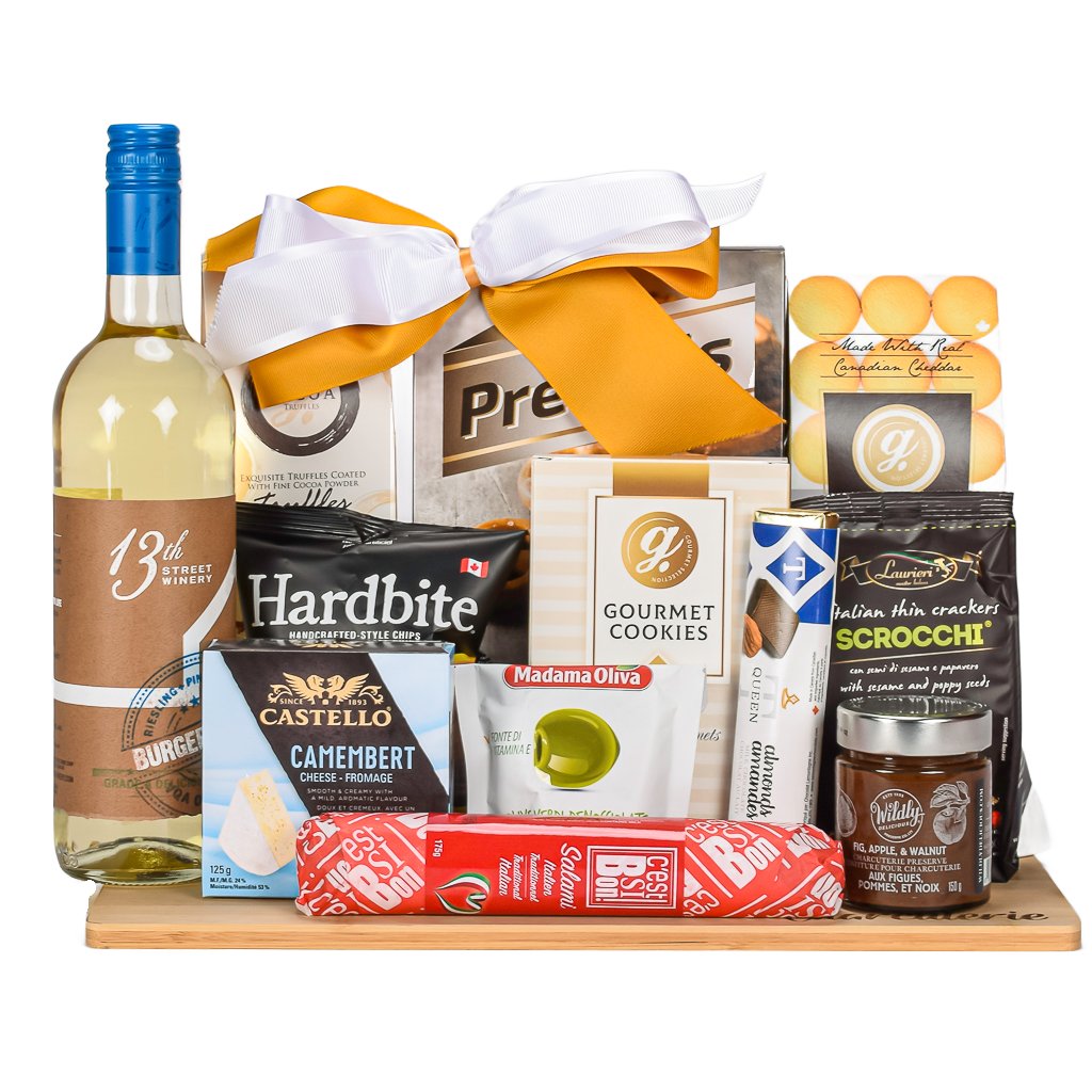 Canadian White Wine With Truffles, Cheddar Biscuits, Chips, Cookies, Crackers, Chocolate, Salami And Compote