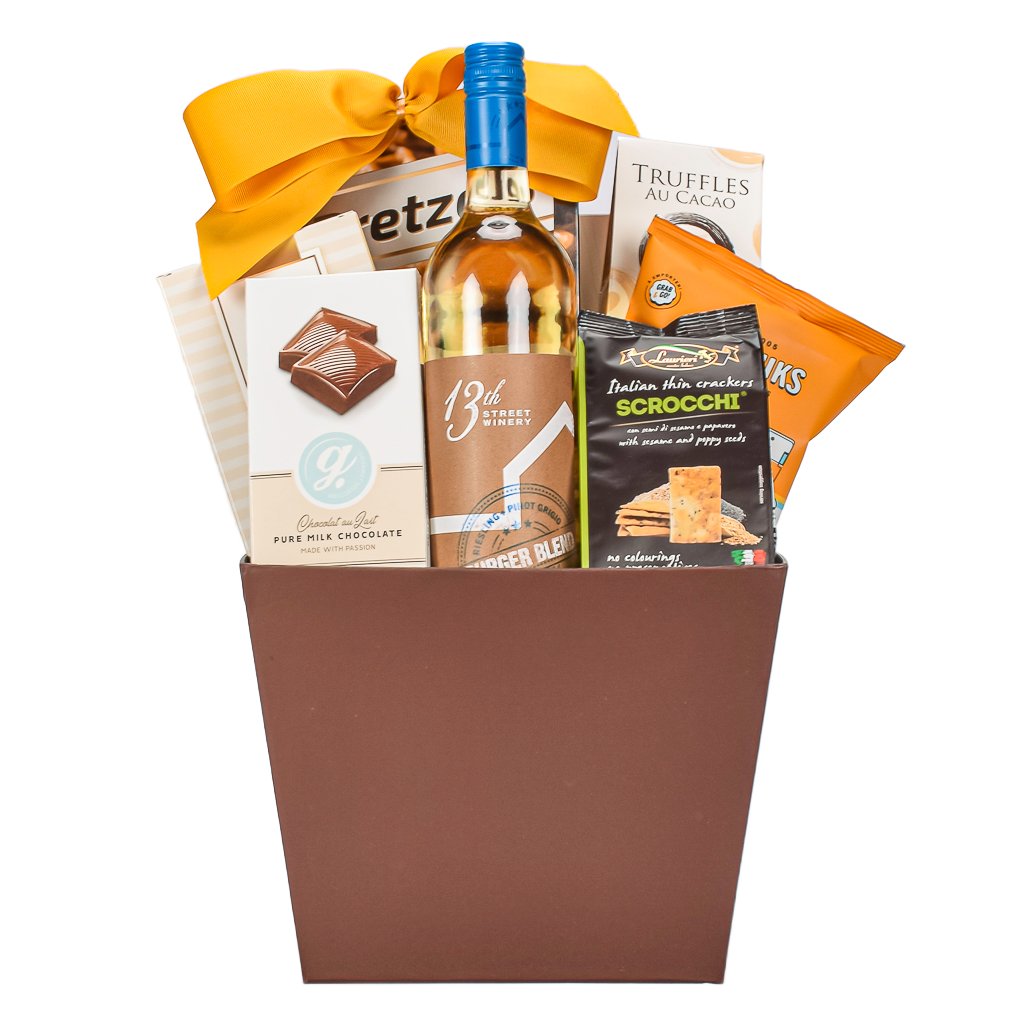 Canadian White Wine With Truffles, Pretzels, Milk Chocolate Bar, Crackers adn Popcorn In A Brown Gift Basket 