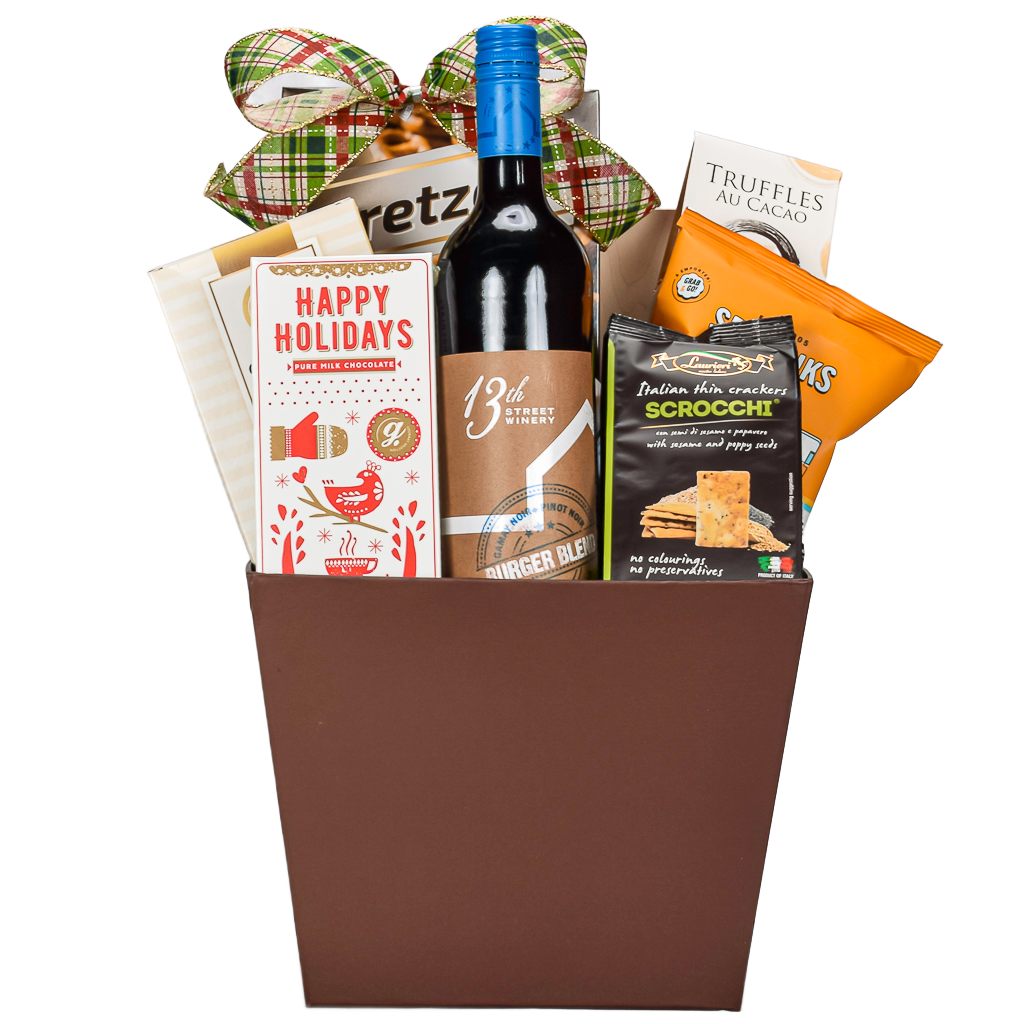Canadian Wine Gift Basket With Pretzels, Truffles, Cookies, Crackers, Popcorn And Shortbread Cookies