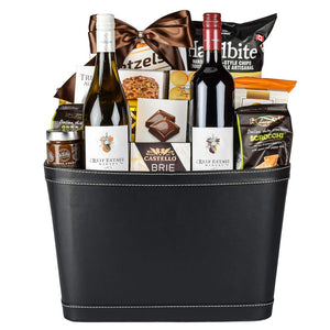 Corporate Black Leather Gift Bakset With 2 Canadian Wine, Chips, Pretzles, Cookies, Artisinal Crackers, Compote And Brie Cheese