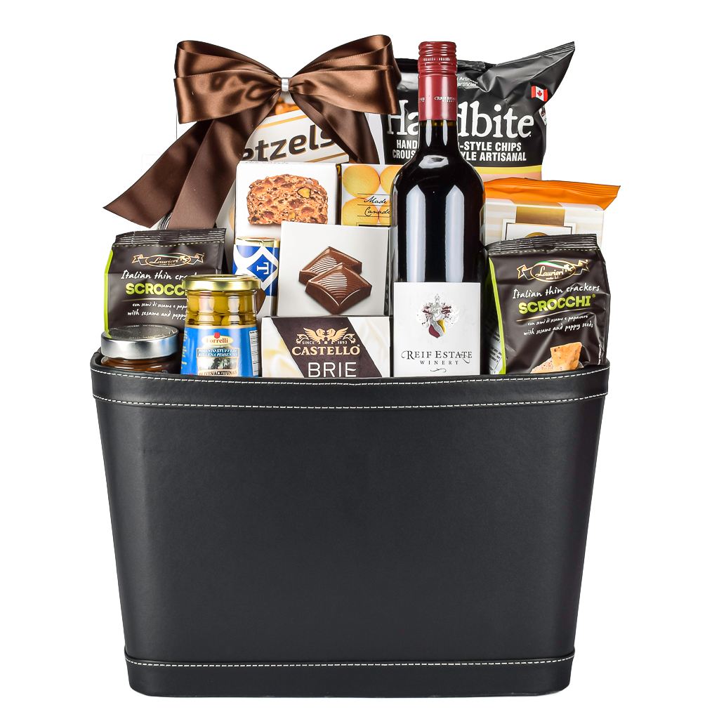 Corporate Gift Leather Basket With Chips, Pretzls, Olives, Canadian Red Wine, Olive Oil Crackers, Cheddar Cookies, And Artisinal Crackers