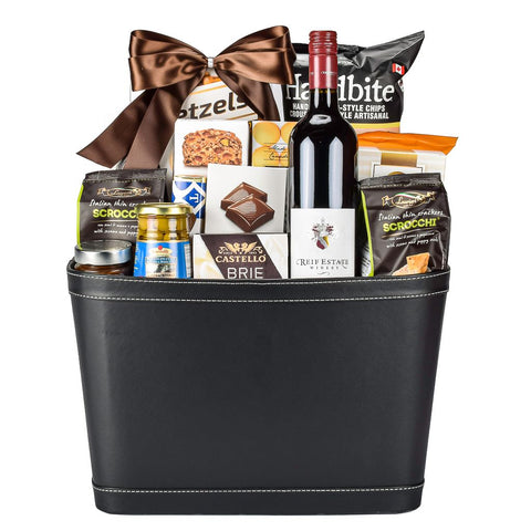 Canadian Red Wine In Black Leathe rGift Baskets With Chips, Pretzels, Crackers, Cookies, Chocolate, Cheese And Compote With A Brown Satin Bow 