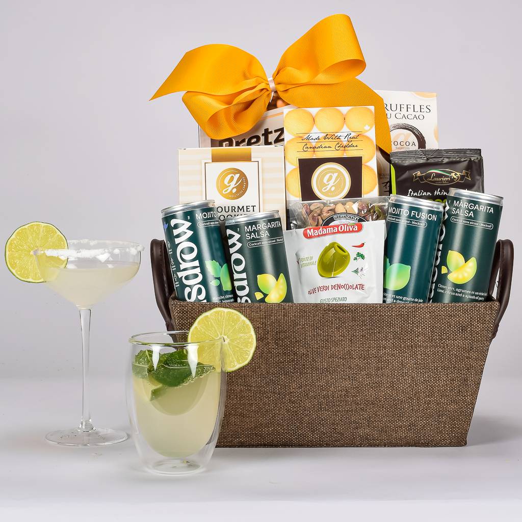Gift Basket With Mojito And Margarita Mocktails With Sweet And Salty Snacks