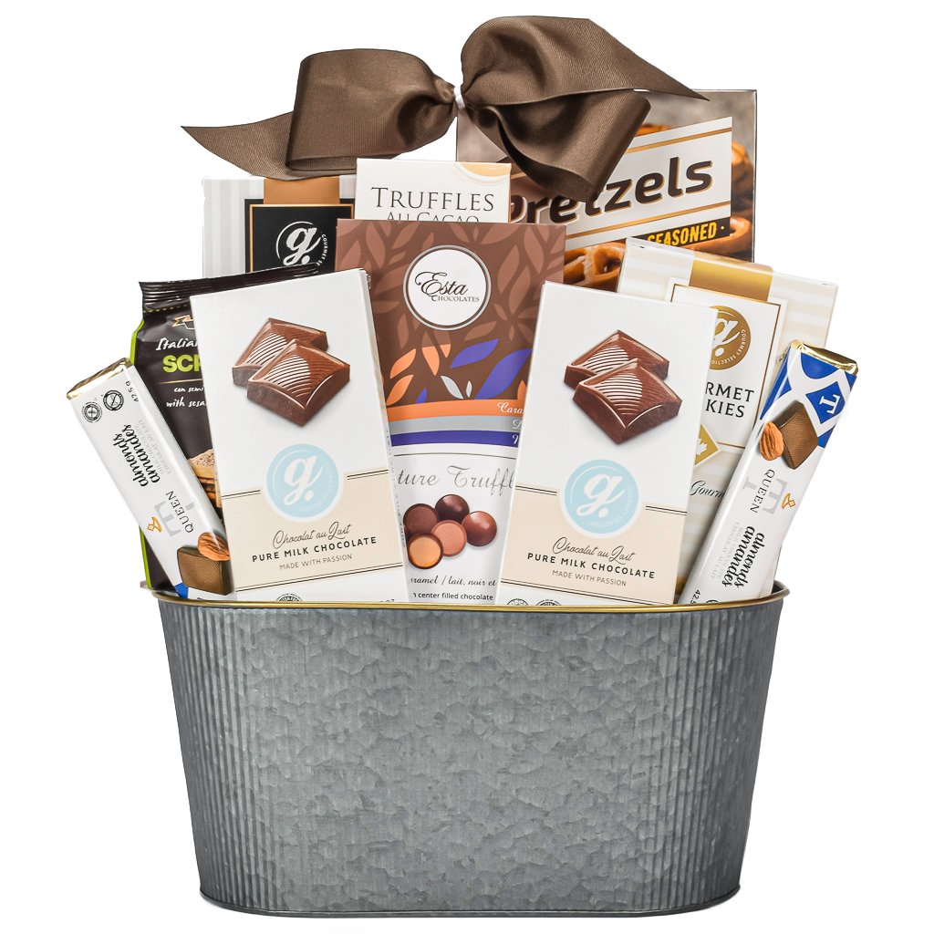 Sympathy Taste of Elegance With Pretzels, Chocolates, Truffles, Crackers And Cookies WIth Brown Sympathy Bow