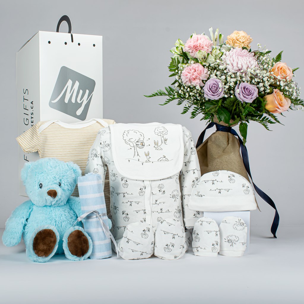 Baby Boy Plush With 5 Piece And Flowers