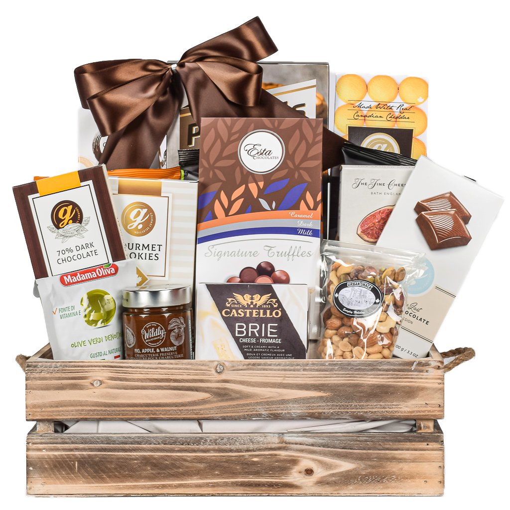 Gourmet Wooden Crate With Pretzels, Cheddar Cookies, Truffles, Cookies, Artisinal Crackers, Chocolate Truffles, Nuts, Compote And Olives