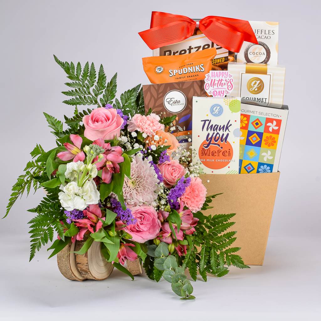 Flower Arrangement With Mothers Day Gift Basket of Treats