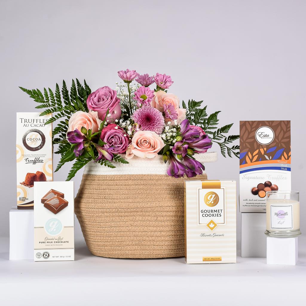 Flowers With Cookies, Truffles, Candle And Chocolate Bar