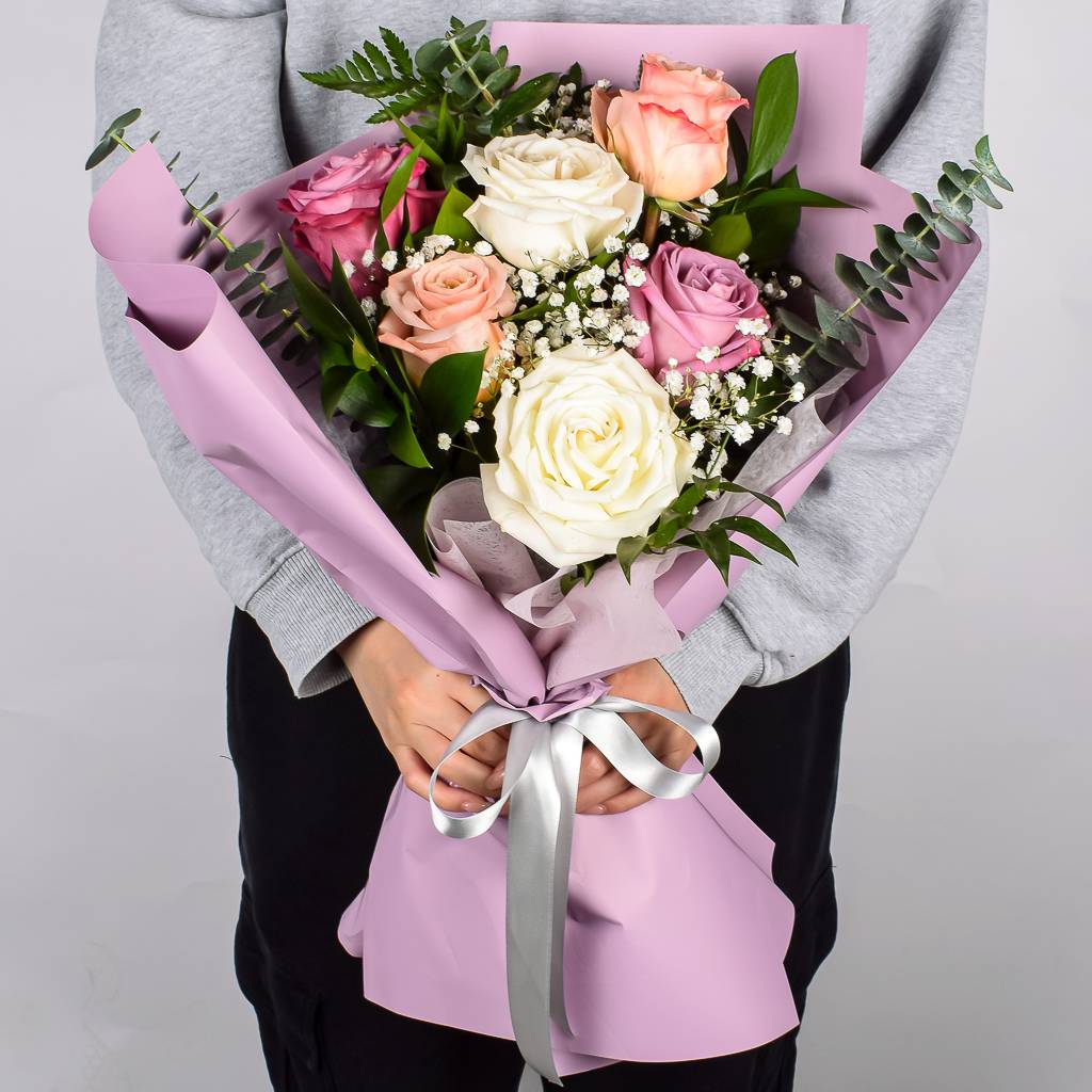 Mixed Flower Bouquet Wrapped In Purple Korean Paper
