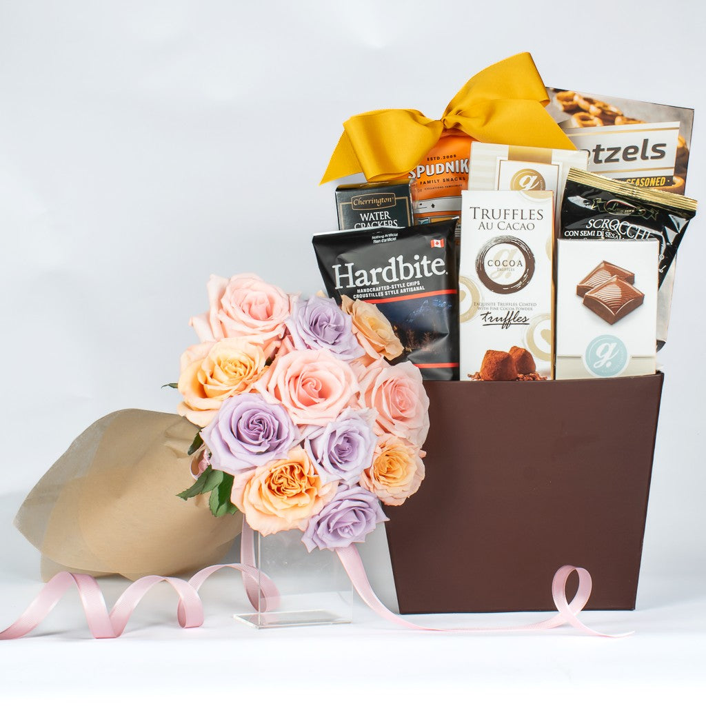 12 Mixed Colour Roses And Gourmet