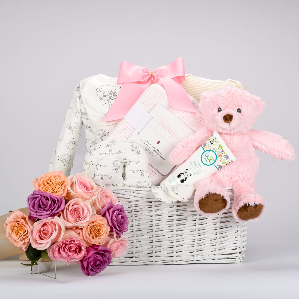 Baby Girl With Mixed Roses Bouquet