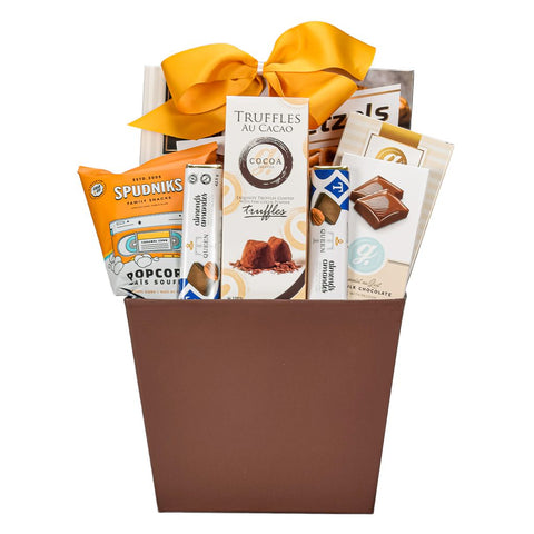 Gift Basket With Almond Chocolate Bar, Milk Chocolate, Cookies, Pretzels, Popcorn And Truffles