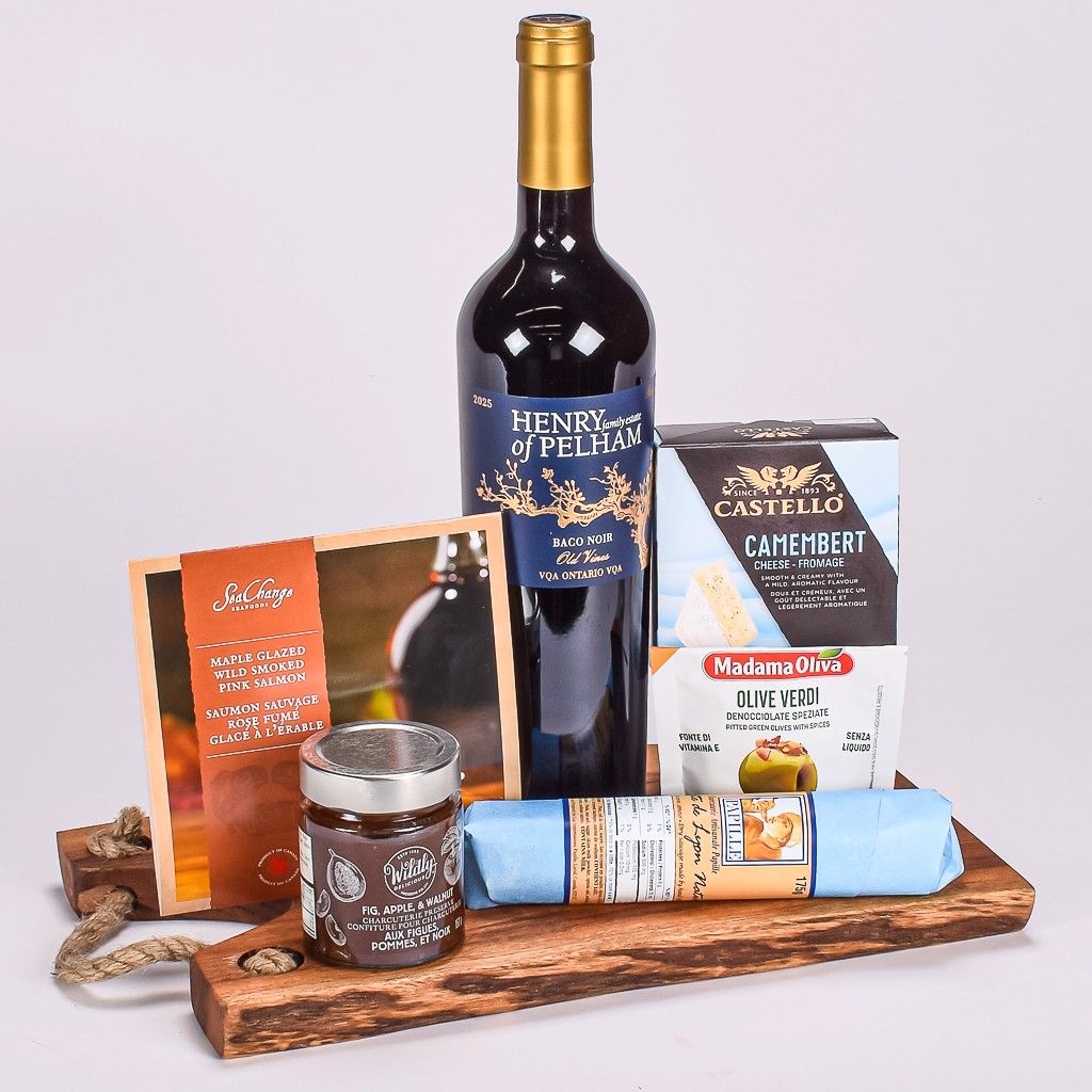 Baco Noir Henry Pelham Wine With Cheese, Crackers, Salmon, Sausage, Compote and Olives On A Acacia Cheese Board