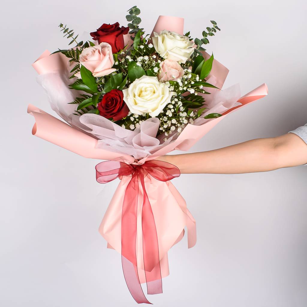 Korean Wrapped White, Pink , Red Six Roses