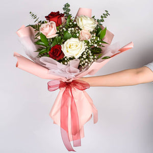 Korean Wrapped White, Pink , Red Six Roses