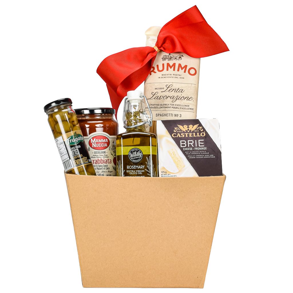 Brown Gift Basket With Pasta, Tomato Sauce, Olive Oil, Brie Cheese, And Green Olives With Red Bow