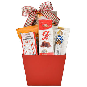 Red Christmas Gift Basket With Pretzels, Cookies, Chocolate Bar, Truffles, Hot Cocoa And Popcorn With A Plaid Christmas Bow