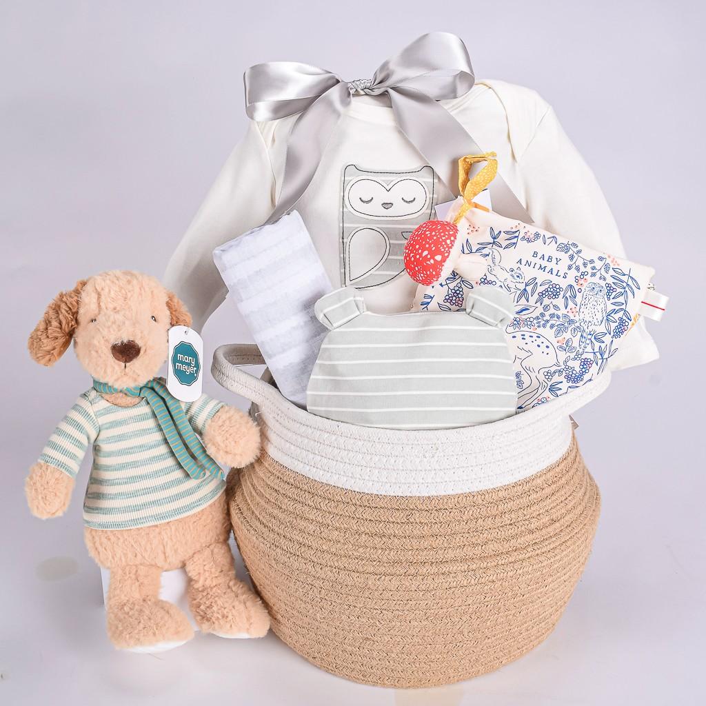 Neutral Jute Baby GIft Basket With Organic Cotto Longsleve Onesie, Muslin Blanket Organic Cotton Beanie, And Dog Plush